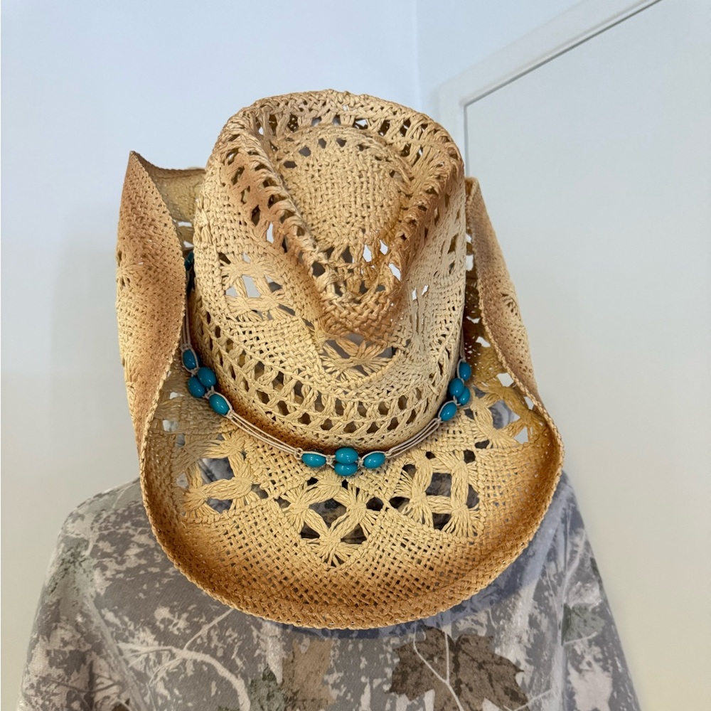 Women's Tan Cowboy Hat with Blue Bead Detail